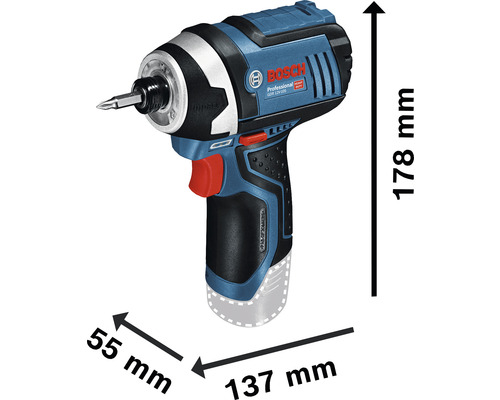 Bosch Akku-Schlagschrauber mit den Maßen 178 mm Höhe, 55 mm Breite und 137 mm Länge.