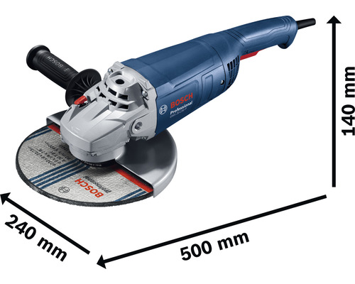Bosch Winkelschleifer mit den Maßen 500 mm Länge, 240 mm Breite und 140 mm Höhe