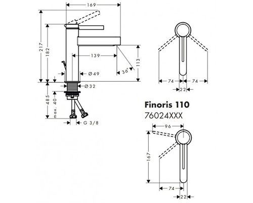 Technische Zeichnung Finoris 110 Waschtischarmatur mit Maßangaben