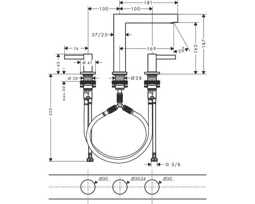 Technische Zeichnung eines Wasserhahns mit Maßangaben