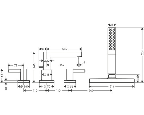 Technische Zeichnung einer Badewannenarmatur mit Handbrause