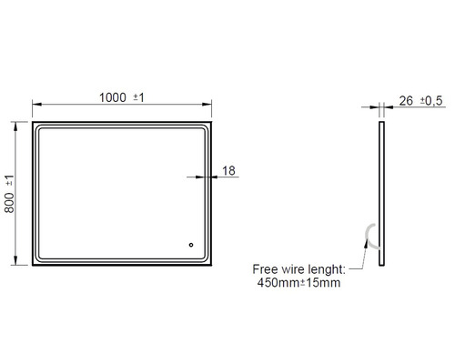 Technische Zeichnung eines Spiegels mit den Maßen 1000 mal 800 Millimeter