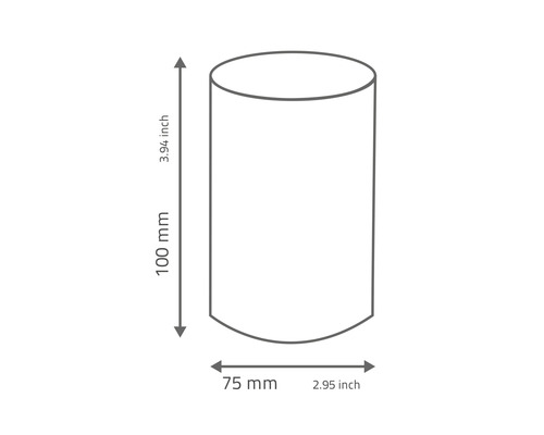 Illustration eines Zylinders mit den Maßen 100 mm Höhe und 75 mm Durchmesser.