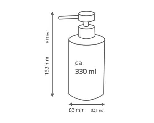 Abmessungen eines Seifenspenders mit einem Fassungsvermögen von circa 330 Milliliter