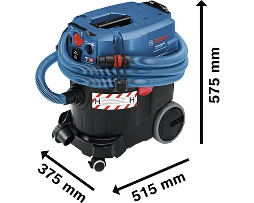Bosch Professional Nass Trockensauger mit den Massen 575 mm Höhe, 375 mm Breite und 515 mm Länge.
