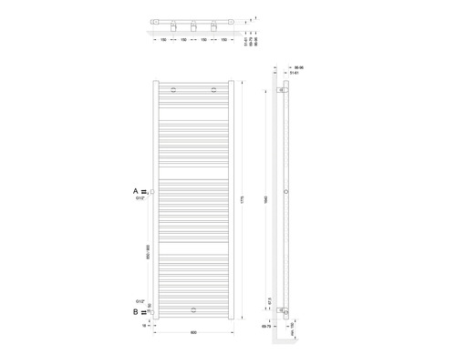 Technische Zeichnung eines Badheizkörpers mit Maßangaben