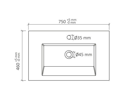 Technische Zeichnung eines Waschtisches mit Maßangaben