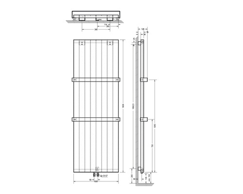 Technische Zeichnung eines Heizkörpers mit Maßangaben