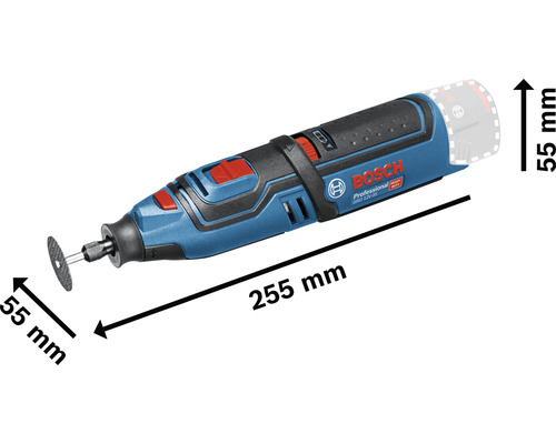 Bosch Professional Akku-Multifunktionswerkzeug mit Zubehör und den Maßangaben Länge 255 Millimeter und Durchmesser 55 Millimeter