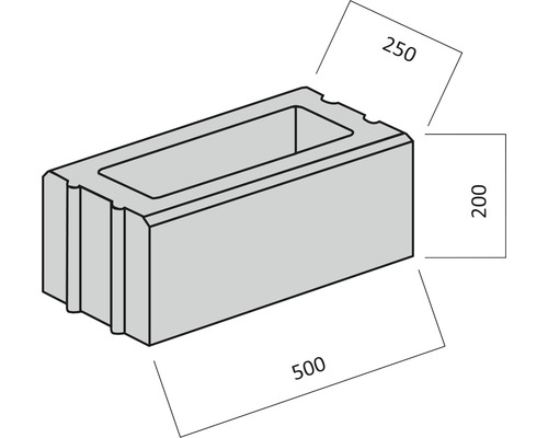 Maßzeichnung eines Mauersteines mit den Maßen 500, 250 und 200 Millimeter