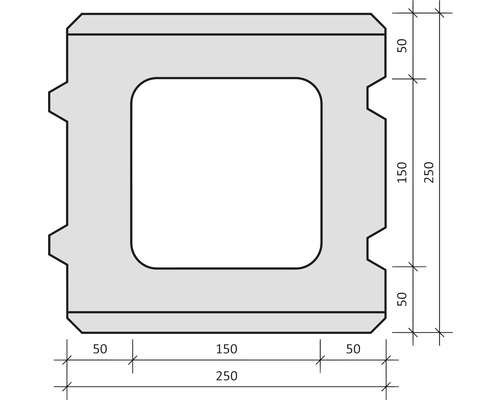 Technische Zeichnung eines Schalungssteins mit Maßangaben