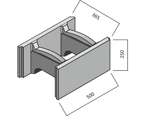Illustrative Darstellung eines Schalungssteins mit Maßangaben 500, 365 und 250.