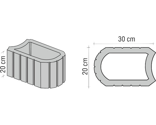Illustration eines Pflanzsteins mit den Maßen 20 mal 30 Zentimeter.