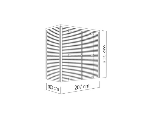 Gartenschrank mit den Maßen 208 cm Höhe, 207 cm Breite und 103 cm Tiefe.