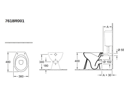 Technische Zeichnung eines WCs mit Maßangaben.