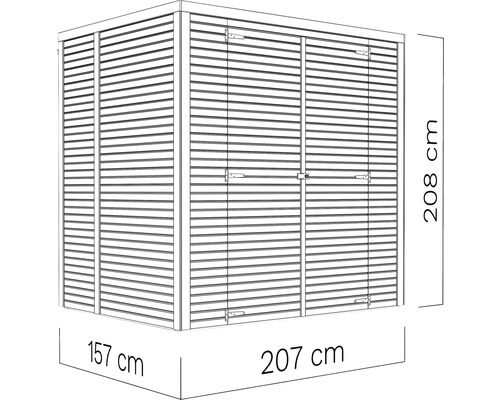 Illustration eines Gerätehauses mit den Maßen 207 mal 157 mal 208 Zentimeter
