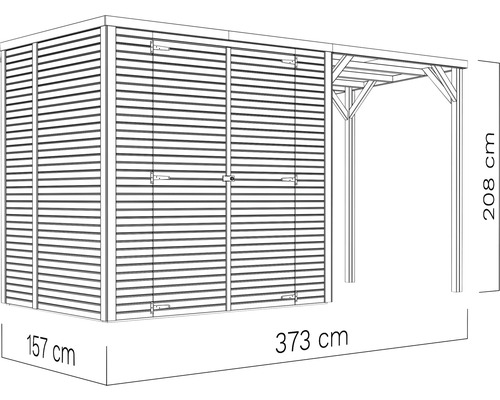 Gartenschrank mit Anbau, Abmessungen 157 mal 373 mal 208 Zentimeter