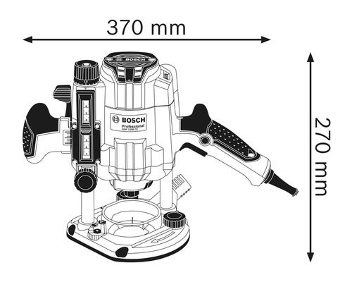 Skizze einer Oberfräse mit Maßangaben: 370 mm Breite und 270 mm Höhe.
