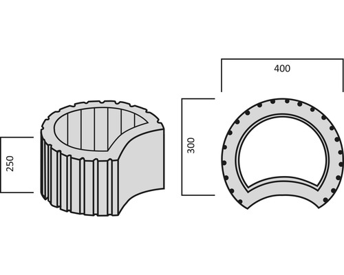 Technische Zeichnung eines Pflanzsteins mit Maßangaben