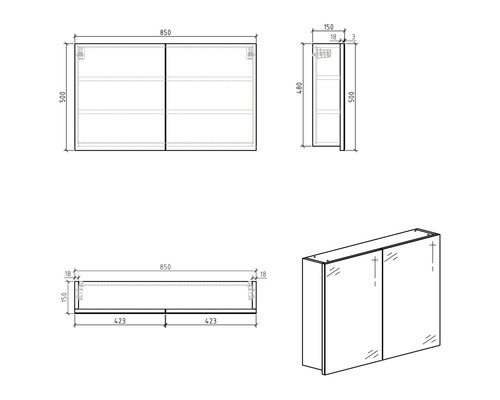 Technische Zeichnung eines Spiegelschrankes mit Maßen