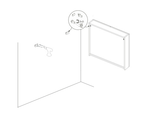 Schemazeichnung zur Wandmontage eines Wandschranks mit Schrauben und Werkzeug