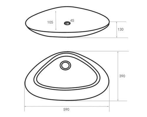 Zeichnung eines Aufsatzwaschbeckens mit Abmessungen
