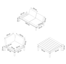 Maße des Gartenmöbel-Sets bestehend aus Sofa, Eckteil und Tisch