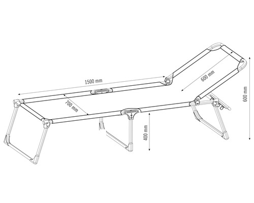 Technische Zeichnung einer Gartenliege mit Maßangaben.