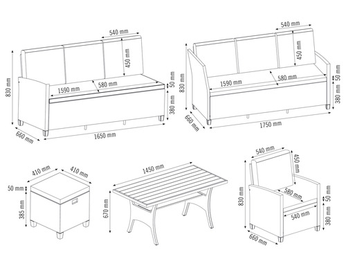 Abbildung eines Gartenmöbelsets mit Sofa, Sessel, Tisch und Aufbewahrungsbox mit Maßangaben