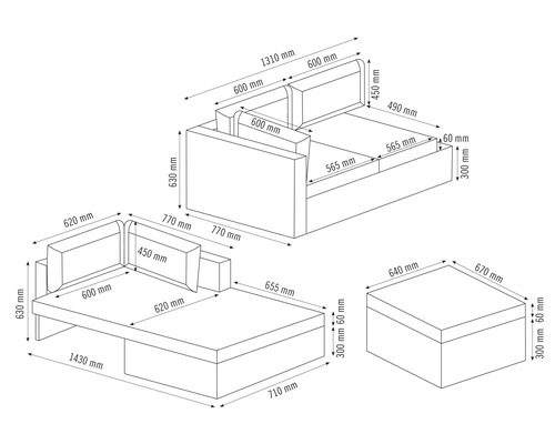 Technische Zeichnung eines Sofas mit Maßen