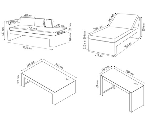 Maßzeichnung von Sofa, Liege, Tisch und Beistelltisch mit Maßangaben