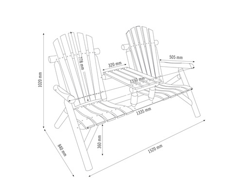 Skizze einer Doppelgartenbank aus Holz mit Maßen.