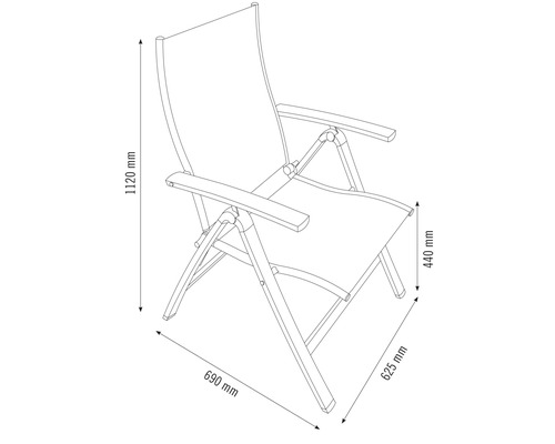 Technische Zeichnung eines Gartenstuhls mit Maßangaben.