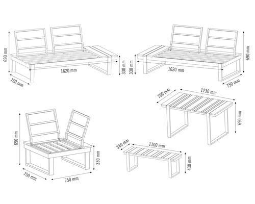 Skizze einer Loungegruppe mit Sofa, Bank und Tisch mit Maßangaben
