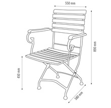 Technische Zeichnung eines Gartenstuhls mit Armlehnen und Abmessungen.