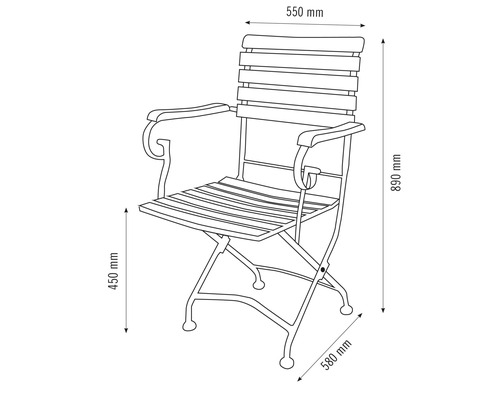 Technische Zeichnung eines Gartenstuhls mit Armlehnen und Abmessungen.