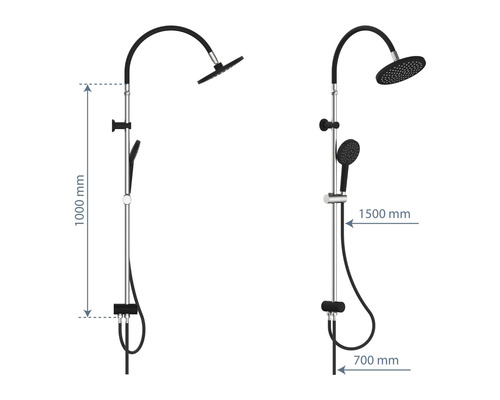 Duschsäule mit Kopf- und Handbrause, Abmessungen
