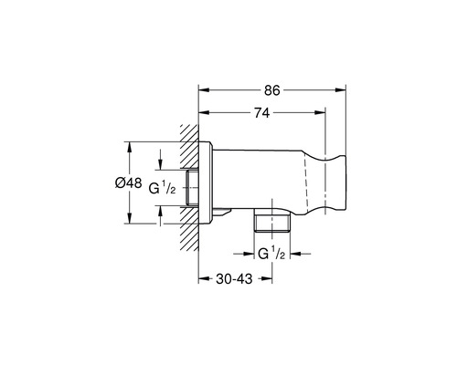 Technische Zeichnung eines Wandanschlussbogens mit Maßangaben