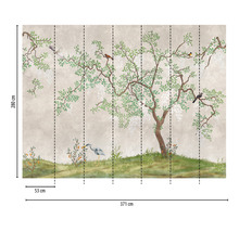 Tapete mit Baum-, Vogel- und Pflanzenmotiven, Abmessungen 371 cm Breite und 280 cm Höhe