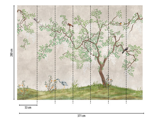 Tapete mit Baum-, Vogel- und Pflanzenmotiven, Abmessungen 371 cm Breite und 280 cm Höhe