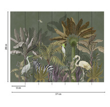 Tapete mit Dschungelmotiv, bestehend aus Pflanzen, Zebra, Reiher, Kakadu und Flamingo, Größe 280 cm x 371 cm