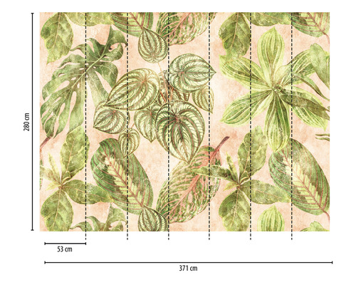 Fototapete mit botanischem Blattmuster und den Maßen 371 cm mal 280 cm
