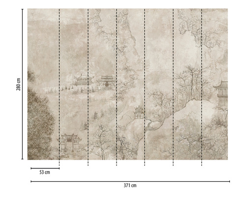 Tapete mit asiatischem Landschaftsmotiv und Größenangaben