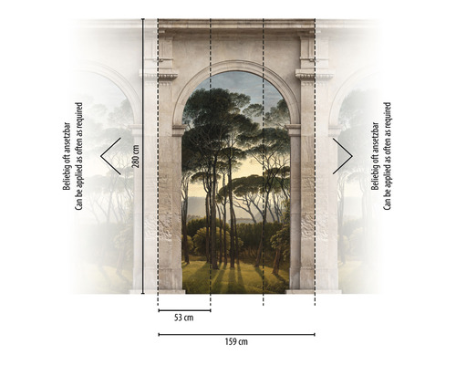 Fototapete mit Landschaftsmotiv und Maßangaben 159 mal 280 Zentimeter
