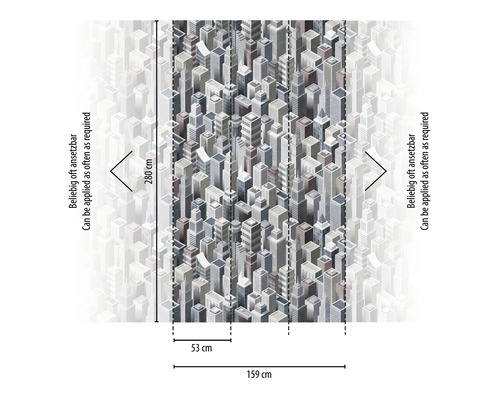 Tapetenbild mit Stadtdesign und Maßangaben.