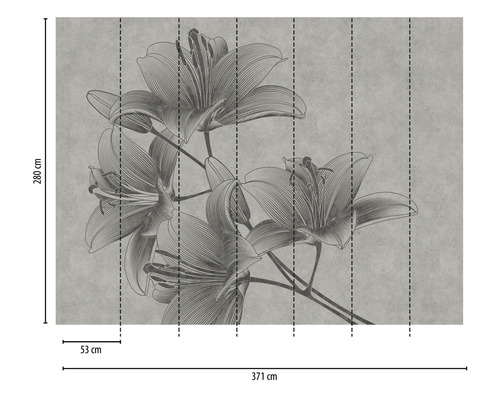 Fototapete mit Lilienmuster und Maßangaben