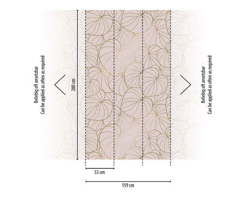 Tapete mit Blattmuster und Maßangaben 280 x 159 Zentimeter