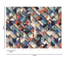 Vliestapete mit geometrischem Dreiecksmuster und Größenangaben