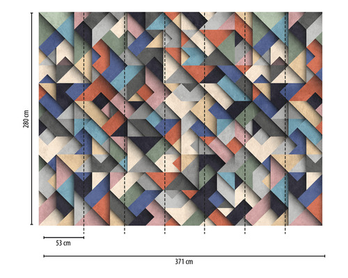 Vliestapete mit geometrischem Dreiecksmuster und Größenangaben
