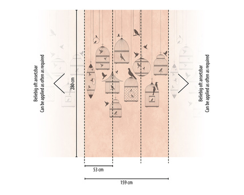 Abmessungen einer Bordüre mit Vogelmotiven: 280 cm hoch, 159 cm breit